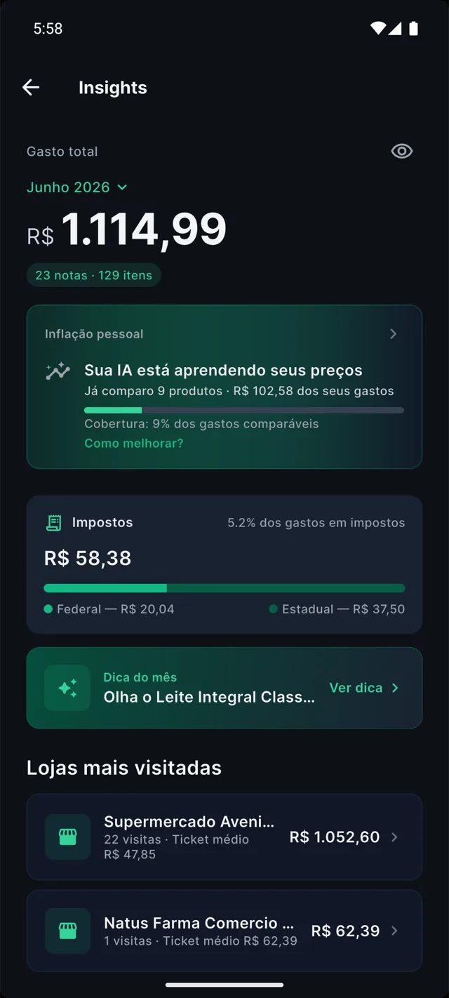 Exemplo de Insights do AíPerto, com histórico, variação de preços e informações de tributos