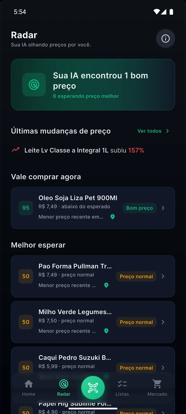 Exemplo da tela do Radar do AíPerto, com sinais de preço de produtos monitorados